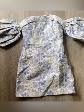 Elliatt One-Shoulder Floral Jacquard Mini Dress in Light Blue and Cream